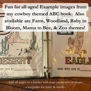 Op de afbeelding: Twee pagina's uit een alfabetboek voor kinderen. De linkerpagina toont een woestijnsc&egrave;ne met een cactus en een schedel. De rechterpagina toont een adelaar met het woord "EAGLE" eronder. Beide pagina's hebben de tekst "MADE WITH LOVE BY:" en een lege ruimte voor een naam.
