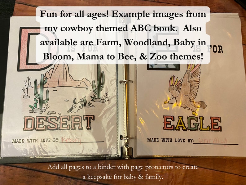 Op de afbeelding: Twee pagina's uit een alfabetboek voor kinderen. De linkerpagina toont een woestijnsc&egrave;ne met een cactus en een schedel. De rechterpagina toont een adelaar met het woord "EAGLE" eronder. Beide pagina's hebben de tekst "MADE WITH LOVE BY:" en een lege ruimte voor een naam.