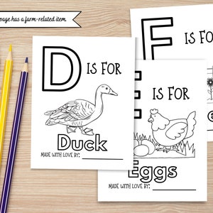 May include: Black and white printable coloring pages for kids featuring the letters D and F. The D page has a duck and the text "D is for Duck". The F page has a chicken and the text "F is for Eggs".
