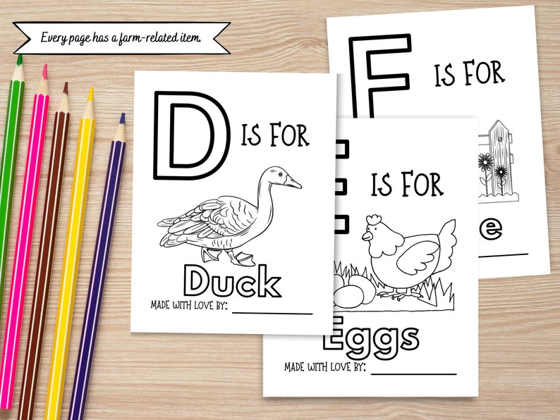 May include: Black and white printable coloring pages for kids featuring the letters D and F. The D page has a duck and the text "D is for Duck". The F page has a chicken and the text "F is for Eggs".