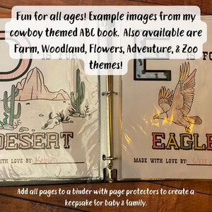 May include: Two pages from a printable alphabet book for kids. The letter D is for Desert and the letter E is for Eagle. The pages are black and white with color accents. The pages are designed to be printed and added to a binder.