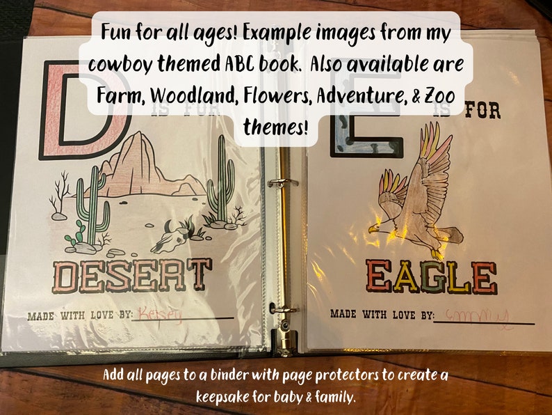 May include: Two pages from a printable alphabet book for kids. The letter D is for Desert and the letter E is for Eagle. The pages are black and white with color accents. The pages are designed to be printed and added to a binder.