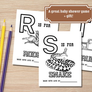 May include: Black and white printable baby shower game cards with the letters R, S, and T. The letter R is for Rodeo, the letter S is for Snake, and the letter T is for Truck. Each card has a space to write "Made with love by:"