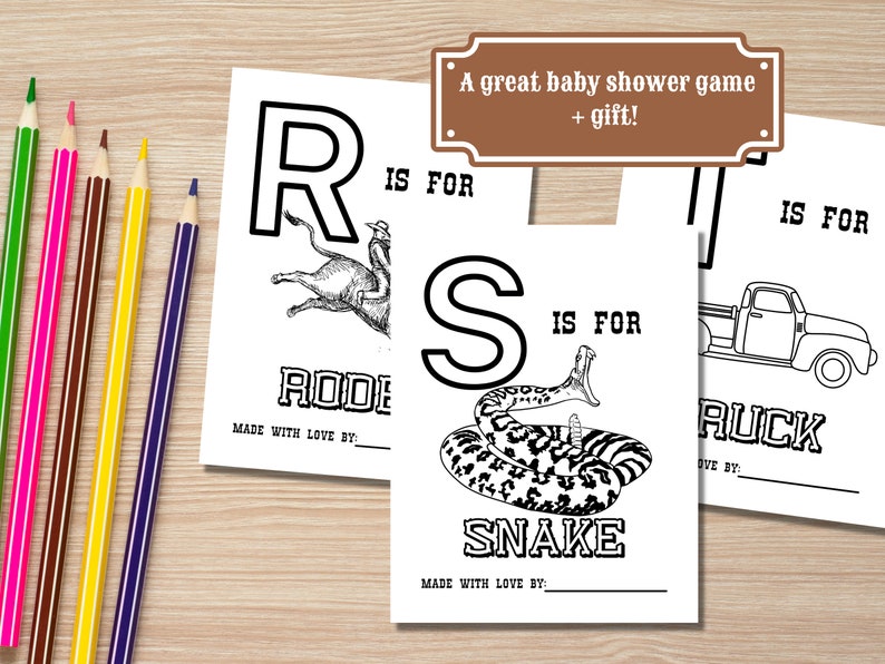 May include: Black and white printable baby shower game cards with the letters R, S, and T. The letter R is for Rodeo, the letter S is for Snake, and the letter T is for Truck. Each card has a space to write "Made with love by:"