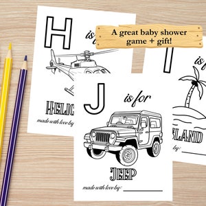 Op de afbeelding: Zwart-witte afdrukbare alfabet kleurplaten voor een babyshower. De letters H, I en J worden getoond met illustraties van een helikopter, een eiland en een jeep. De tekst "Een geweldig babyshower spel + cadeau!" is inbegrepen.