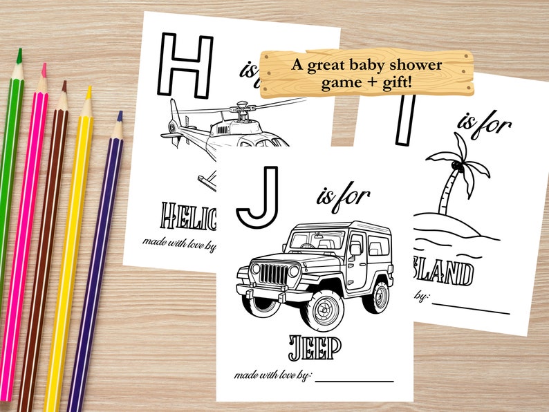 Op de afbeelding: Zwart-witte afdrukbare alfabet kleurplaten voor een babyshower. De letters H, I en J worden getoond met illustraties van een helikopter, een eiland en een jeep. De tekst "Een geweldig babyshower spel + cadeau!" is inbegrepen.