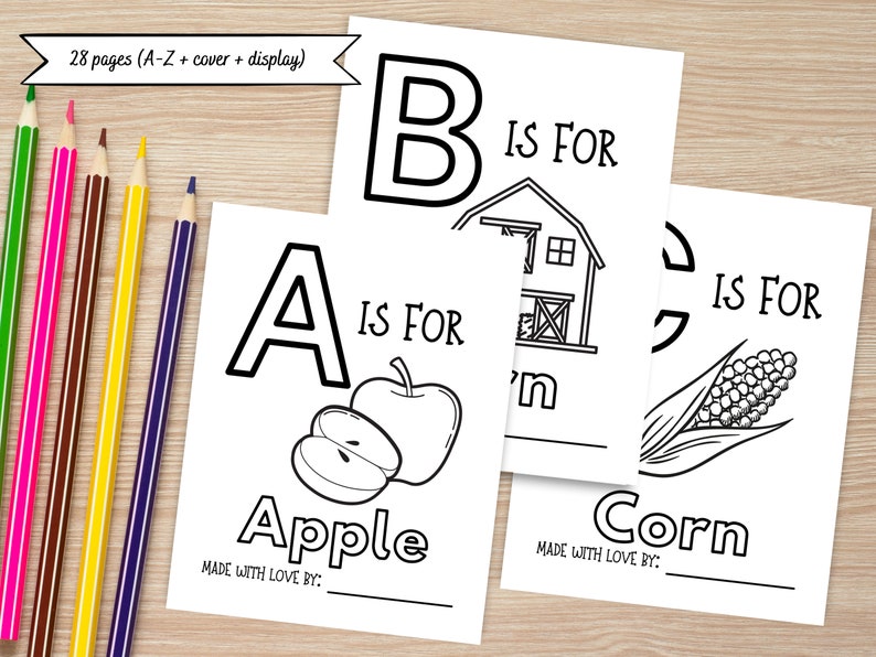 May include: Black and white printable alphabet coloring pages featuring the letters A, B, and C. Each page includes a picture and the text "IS FOR" followed by the name of the object. The letters are large and bold. The pages are designed for children to color.