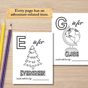 Op de afbeelding: Zwart-witte printbare kleurplaat met de letter E en een gestileerde groenblijvende boom. De tekst "E is for EVERGREEN" staat onder de afbeelding. De tekst "made with love by:" staat onder de tekst.