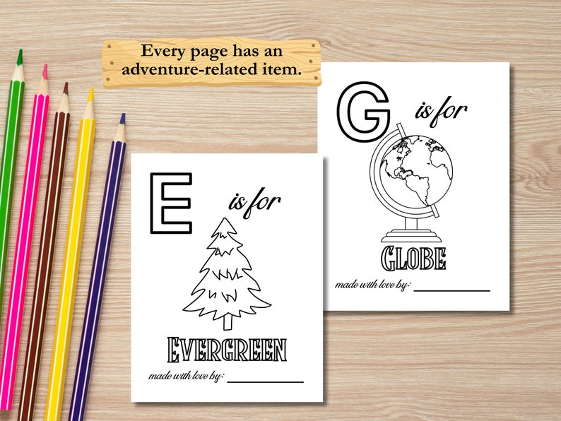 Op de afbeelding: Zwart-witte printbare kleurplaat met de letter E en een gestileerde groenblijvende boom. De tekst "E is for EVERGREEN" staat onder de afbeelding. De tekst "made with love by:" staat onder de tekst.