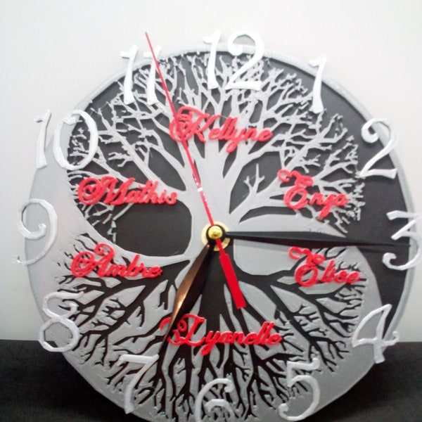 horloge murale avec les prenoms de la famille sur arbre de vie