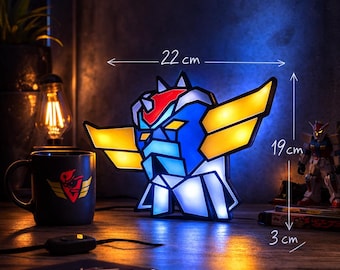 Goldorak-style LED lamp – Fan art – Illuminated stained glass – Geek decoration – 3D printing – Ambient lighting