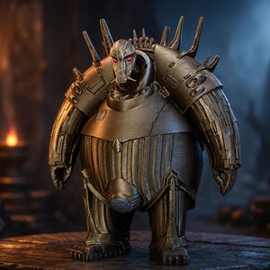 Puede incluir: Una detallada figura metálica de un robot humanoide con un cuerpo bulboso y protuberancias puntiagudas. El robot tiene ojos rojos y está posado sobre una superficie de piedra. La paleta de colores es principalmente dorada y bronce, con un fondo oscuro y atmosférico.
