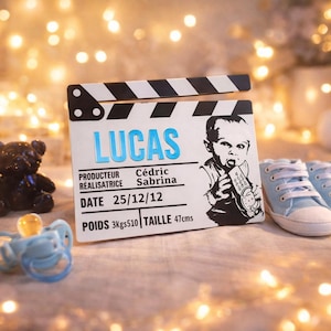 Clap cinéma personnalisé – Photo + prénom + informations de naissance / baptême / anniversaire