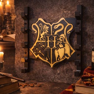 Magician's Wand Holder – Fantasy Coat of Arms Style Wall Display – Wizarding World Decoration