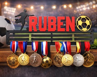 Personalized football medal holder – Name of your choice – Sports medal display – Football player gift – Children's room decoration
