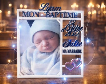 Personalized Baptism Photo Frame with Name & Godparents – Baby's Birth Keepsake Gift – Unique Baptism Decoration