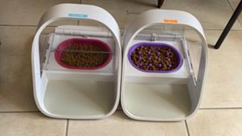 Puede incluir: Dos dispensadores autom&aacute;ticos de comida para mascotas blancos con tapas transparentes. Los dispensadores tienen cuencos rosa y morado llenos de comida para mascotas marr&oacute;n.