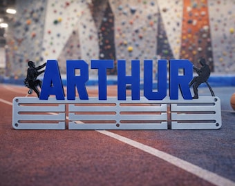 Personalized Climbing Medal Holder – Climber Medal Stand – Embossed Name