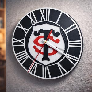 Reloj de pared 3D de 20 cm – Estilo rugby Toulouse en blanco y negro – Decoración de pared impresa en 3D – Idea de regalo para aficionados al rugby