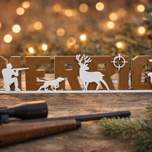 Plaque prénom personnalisée – Thème Chasse (cerf, sanglier, canard)