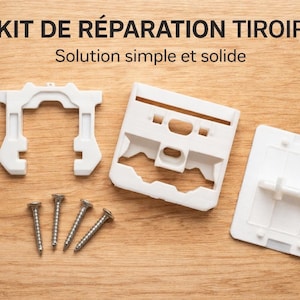 May include: A white drawer repair kit with the text "KIT DE RÉPARATION TIROIR" and "Solution simple et solide". The kit includes several white plastic components and silver screws, all arranged on a wooden surface.