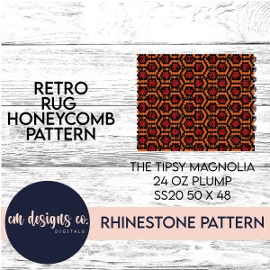 May include: A digital pattern for a retro honeycomb rug. The pattern is in black, orange, and red. The pattern is for a 24 ounce, 50 by 48 inch rug. The text "The Tipsy Magnolia" is included in the image.