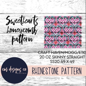 May include: A digital download pattern for a rhinestone design. The pattern is called "Sweethearts Honeycomb Pattern" and is for a 20 oz skinny straight tumbler. The pattern is 49 x 49 stitches and is for use with Craft Haven/Hogg/etc. rhinestones. The pattern is pink, red, and teal.