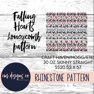 May include: A digital download pattern for a rhinestone design featuring a honeycomb pattern of hearts. The pattern is called "Falling Hearts Honeycomb Pattern" and is for use with 30 oz Skinny Straight Craft Haven/Hogg/ETC fabric. The pattern is 132.1 x 144.8 cm.