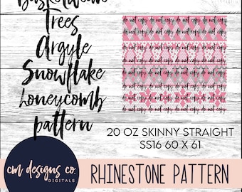 May include: A digital download for a rhinestone pattern. The pattern is pink and white and features a variety of designs, including basketweave, trees, argyle, snowflake, and honeycomb. The pattern is for a 20 ounce skinny straight tumbler, size SS16, 60 x 61. The text "do not copy do not copy do not copy do not copy" is repeated multiple times on the image. The text "RHINESTONE PATTERN" is also included in the image.