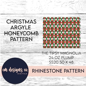 May include: A red, green, and white Christmas Argyle honeycomb pattern rhinestone design for a 24 ounce, 50 by 48 inch, SS20 size project. The design is labeled "The Tipsy Magnolia" and "Christmas Argyle Honeycomb Pattern".