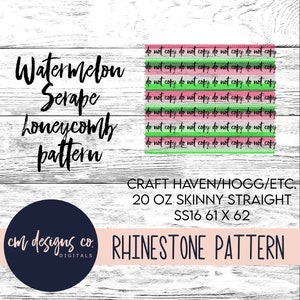 May include: Watermelon Serape honeycomb pattern rhinestone design for a 20 ounce skinny straight tumbler. The design is in pink, green, and white. The text "CRAFT HAVEN/HOGG/ETC. 20 OZ SKINNY STRAIGHT SS16 61 X 62 RHINESTONE PATTERN" is also included in the image.