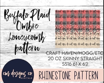 May include: Buffalo plaid ombre honeycomb pattern rhinestone design for a 20 oz skinny straight tumbler. The design is in red, black, and white. The text "CRAFT HAVEN/HOGG/ETC 20 OZ SKINNY STRAIGHT SS16 61 X 62 RHINESTONE PATTERN" is printed on the image.
