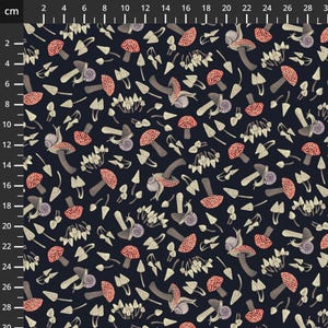 May include: Navy blue fabric featuring a repeating pattern of mushrooms, snails, and other woodland elements. The mushrooms have red and white speckled caps and brown stems. The snails have gray shells. The design is whimsical and nature-themed.