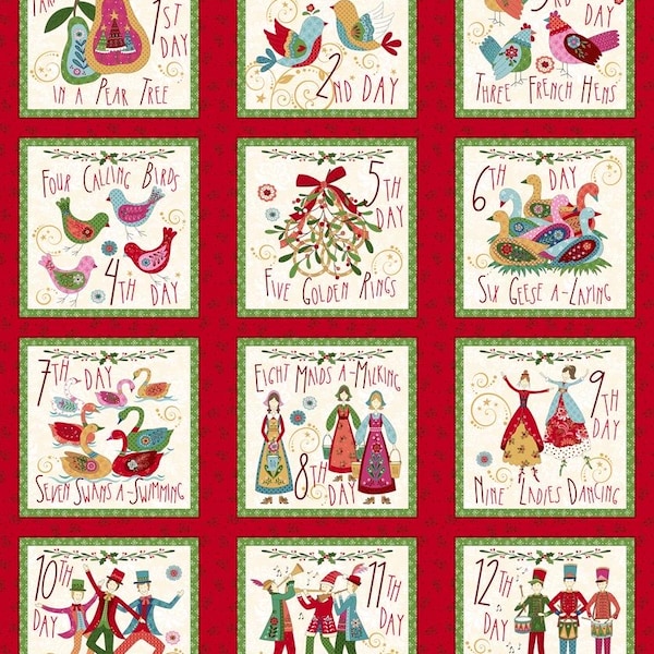Puede incluir: Un panel de tela festivo con doce cuadrados, cada uno representando una escena de la canción navideña "The Twelve Days of Christmas". Los cuadrados tienen un fondo rojo con bordes verdes e incluyen ilustraciones de aves, personas y otros elementos festivos.