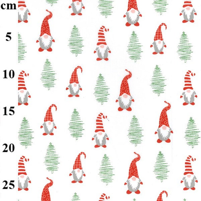 May include: White fabric with a repeating pattern of Christmas gnomes and green Christmas trees. The gnomes have red hats and gray bodies. The trees are simple green line drawings. The pattern repeats across the fabric.