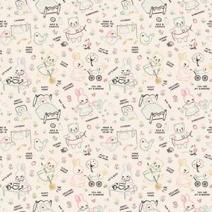 May include: A repeating pattern with charming illustrations of rabbits, cats, beds, and washing lines. The design includes text such as "Let's Bake," "Happy Home," and "You Are My Sunshine" in a soft colour palette.