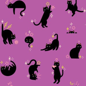 May include: A repeating pattern on a purple background featuring black cats in various poses, including stretching, sitting, and playing. The design includes small yellow and pink graphic elements like stars, lightning bolts, moons, and hearts.