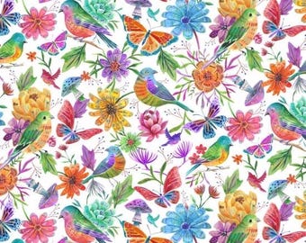 Fat Quarter Nutex Luminous Bird Butterfly Mushroom Floral Leaves Nature 100% Cotton Fabric