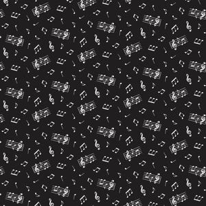 May include: A black backdrop features a repeating pattern of white musical notes, treble clefs, and musical staffs. The musical notes vary in size and direction, creating a dynamic design. This pattern is suitable for music-themed products, such as fabric or wallpaper.
