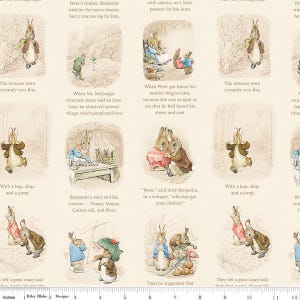 May include: A patterned fabric panel with illustrations from a children's story. The images show rabbits in different scenes, accompanied by text excerpts. The color scheme features soft browns, greens, and blues, giving a vintage feel.