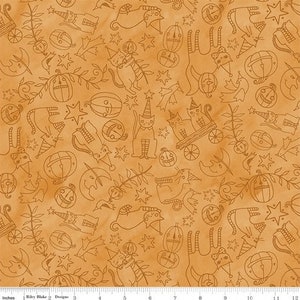May include: Orange fabric featuring a repeating pattern of Halloween doodles in brown. The design includes cats, pumpkins, stars, bats, and other festive elements. Suitable for various craft projects.