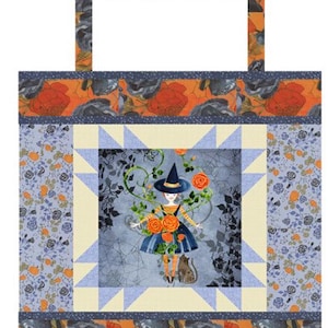 May include: A fabric tote bag featuring a central square panel with a witch illustration surrounded by orange roses and vines. The design includes a star-patterned border, side panels with floral motifs, and top handles with orange and black rose prints.
