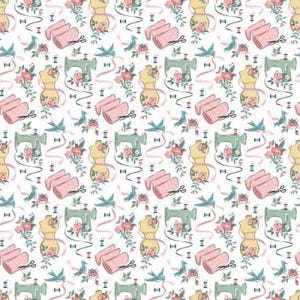 May include: A repeating pattern on a white background featuring sewing machines, dress forms, spools of thread, scissors, and bundles of fabric in pastel colours. Floral accents and ribbons add decorative elements to the design.