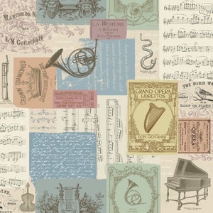 May include: A musical-themed collage design with sheet music, a French horn, a harp, and opera libretto imagery. The colour scheme is muted with beige, blue, and pink tones, creating a vintage aesthetic.