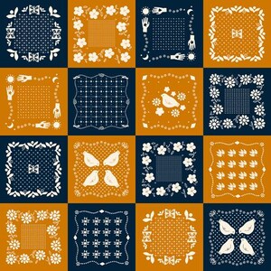 May include: A repeating pattern of square designs in navy blue and mustard yellow. Each square features a different decorative motif, including floral patterns, birds, hands, and geometric shapes. The overall design is symmetrical and visually appealing.