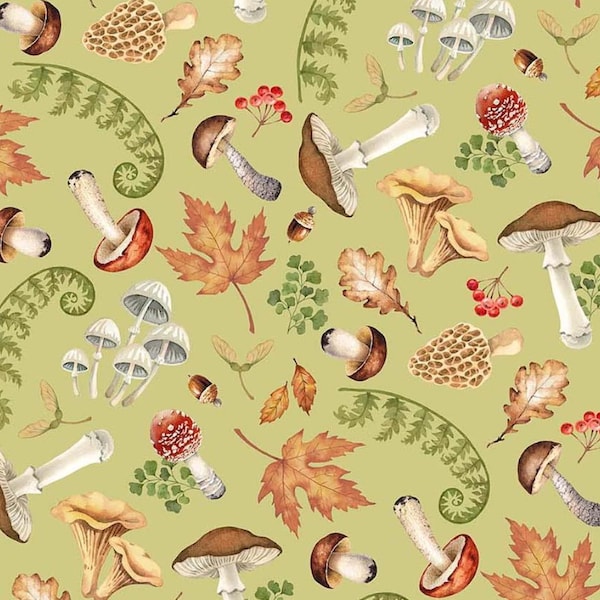 Fat Quarter Northcott Wild Harvest Autumn Toadstool Mushroom Fern Leaf 100% Cotton Fabric