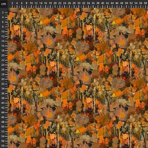 May include: Textured fabric with an abstract, painterly design. The pattern features a mix of warm colours, including shades of orange, brown, and yellow. The fabric has a rough, brushstroke-like appearance, suitable for various craft projects.