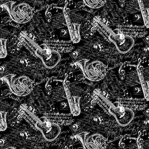 May include: A monochrome pattern featuring musical instruments. Guitars, saxophones, and French horns are depicted in white against a black backdrop, interspersed with musical notes and script.