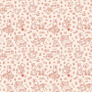 May include: A repeating pattern with cartoon bunnies, cats, and birds in various scenes. The design includes text such as "Let's Bake," "Sweet Dreams," and "Home Sweet Home," in red on a cream background. The illustrations have a charming, storybook feel.