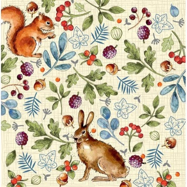 Fat Quarter Nutex Nature Trail Hare Squirrel Leaves Berries Nuts 100% Cotton Fabric